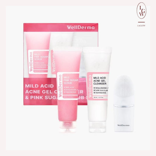 Wellderma Mild Acid Acne Gel Cleanser & Pink Sugar Scrub Set